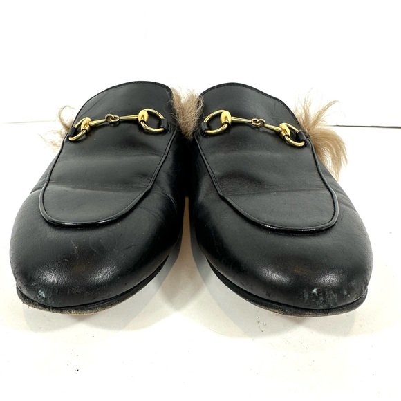 Gucci Princeton Black Leather Fur Horsebit Gold Detail Slip On Mules 39.5 US 9.5 - Picture 11 of 15